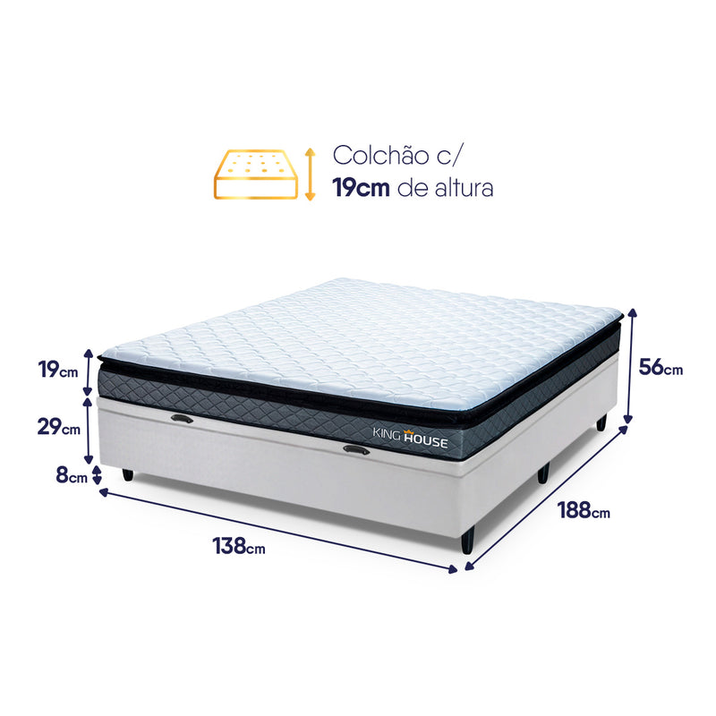 Cama Box Baú Chicago 138x188 Cinza e Branco Espuma D33
