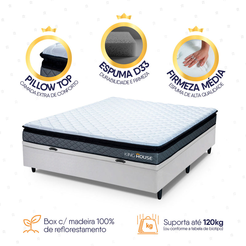 Cama Box Baú Chicago 138x188 Cinza e Branco Espuma D33