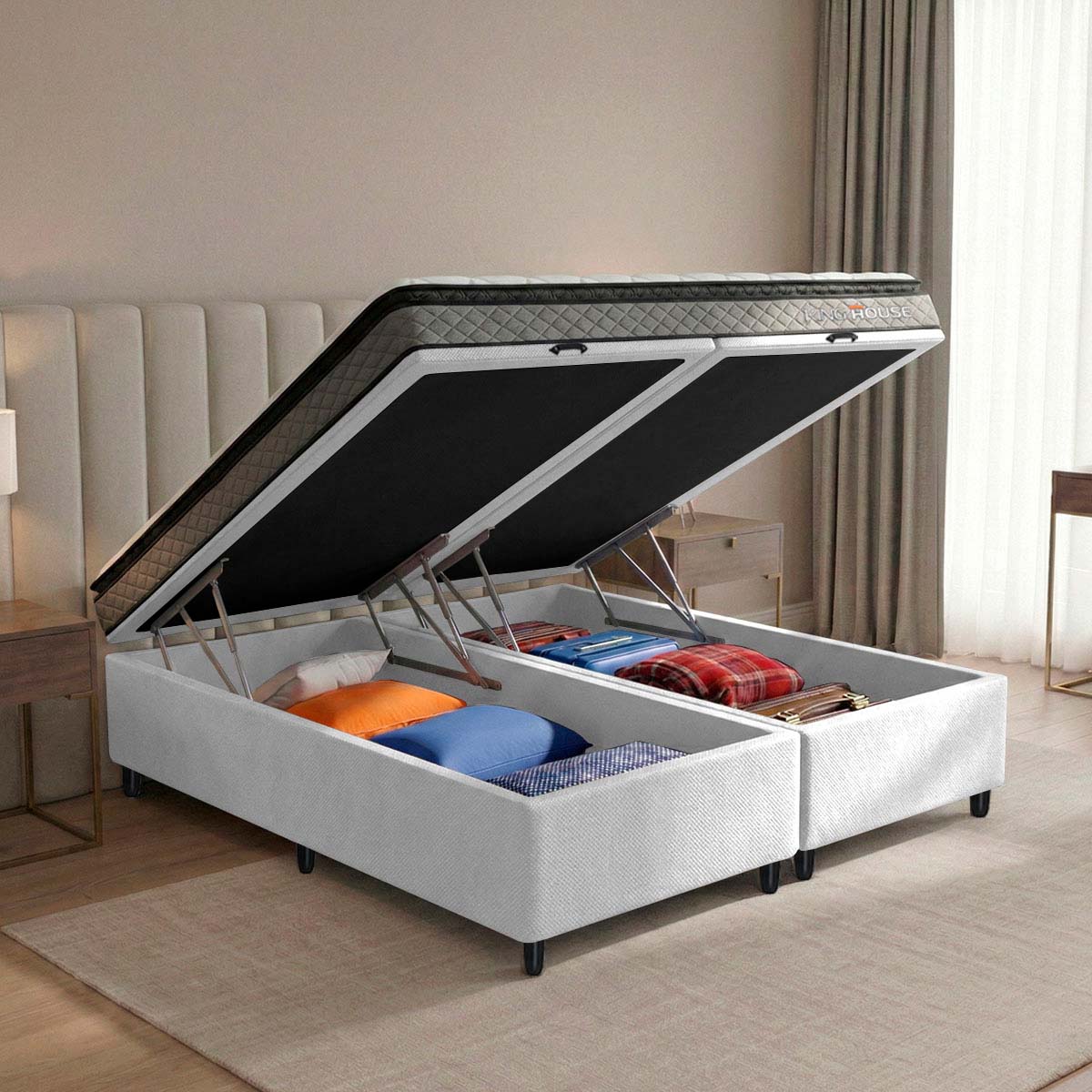 Cama Box Baú Chicago Espuma D33 158x198 Cinza e Branco