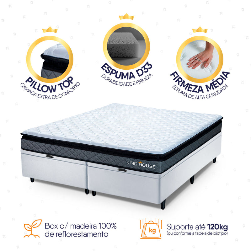 Cama Box Baú Chicago Espuma D33 158x198 Cinza e Branco