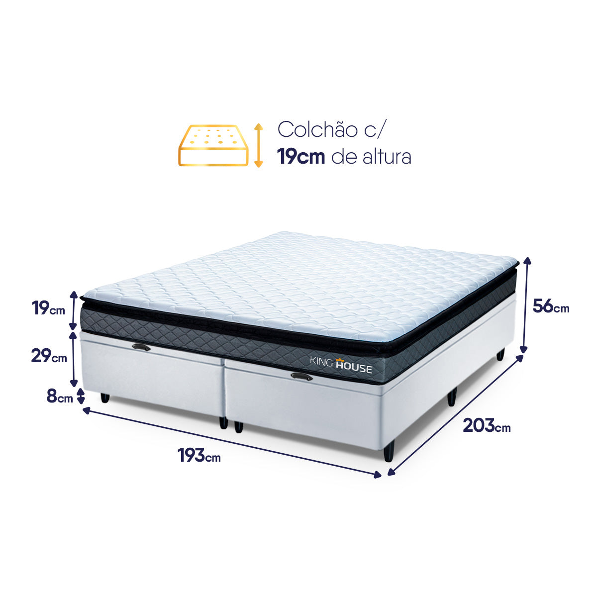 Cama Box Baú Chicago Espuma D33 193x203 Cinza e Branco