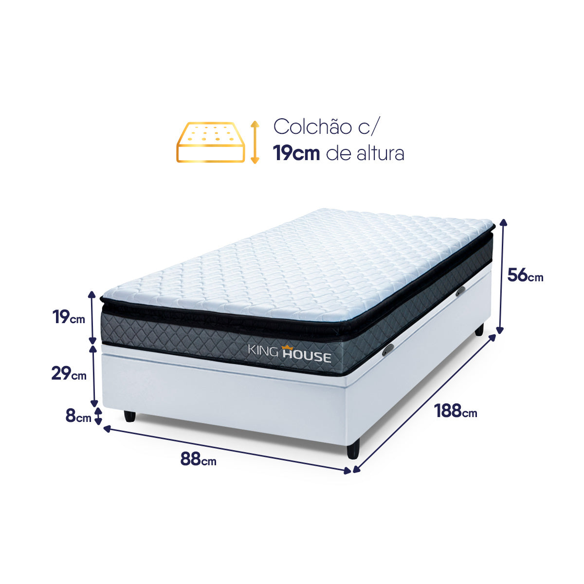 Cama Box Baú Chicago 88x188 Cinza e Branco Espuma D33