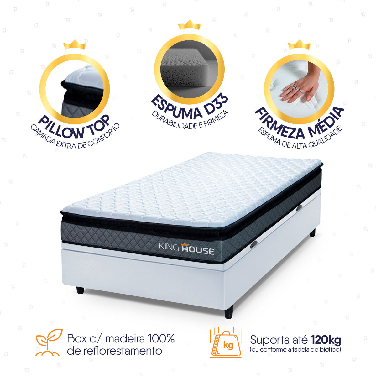 Cama Box Baú Chicago 88x188 Cinza e Branco Espuma D33