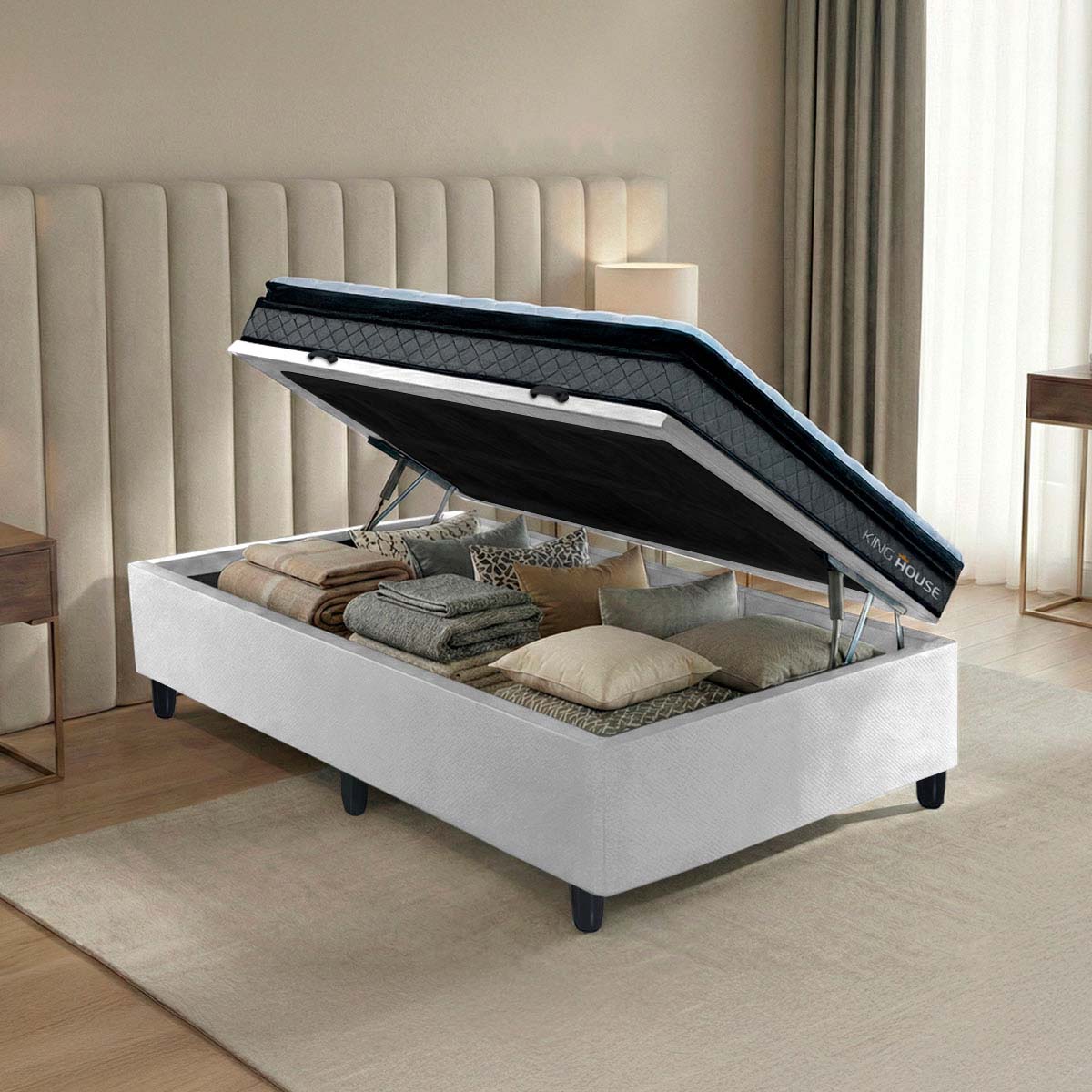 Cama Box Baú Chicago 96x203 Cinza e Branco Espuma D33