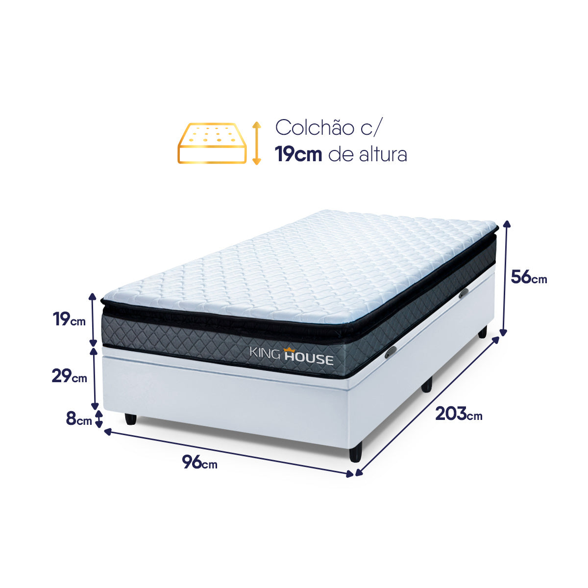 Cama Box Baú Chicago 96x203 Cinza e Branco Espuma D33