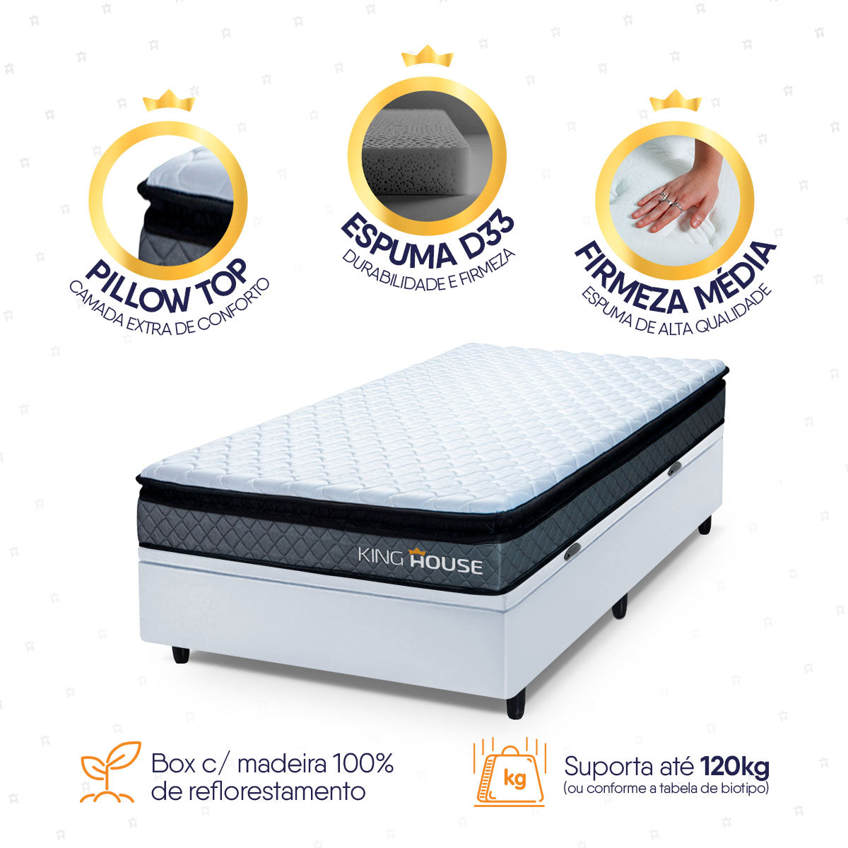 Cama Box Baú Chicago 96x203 Cinza e Branco Espuma D33