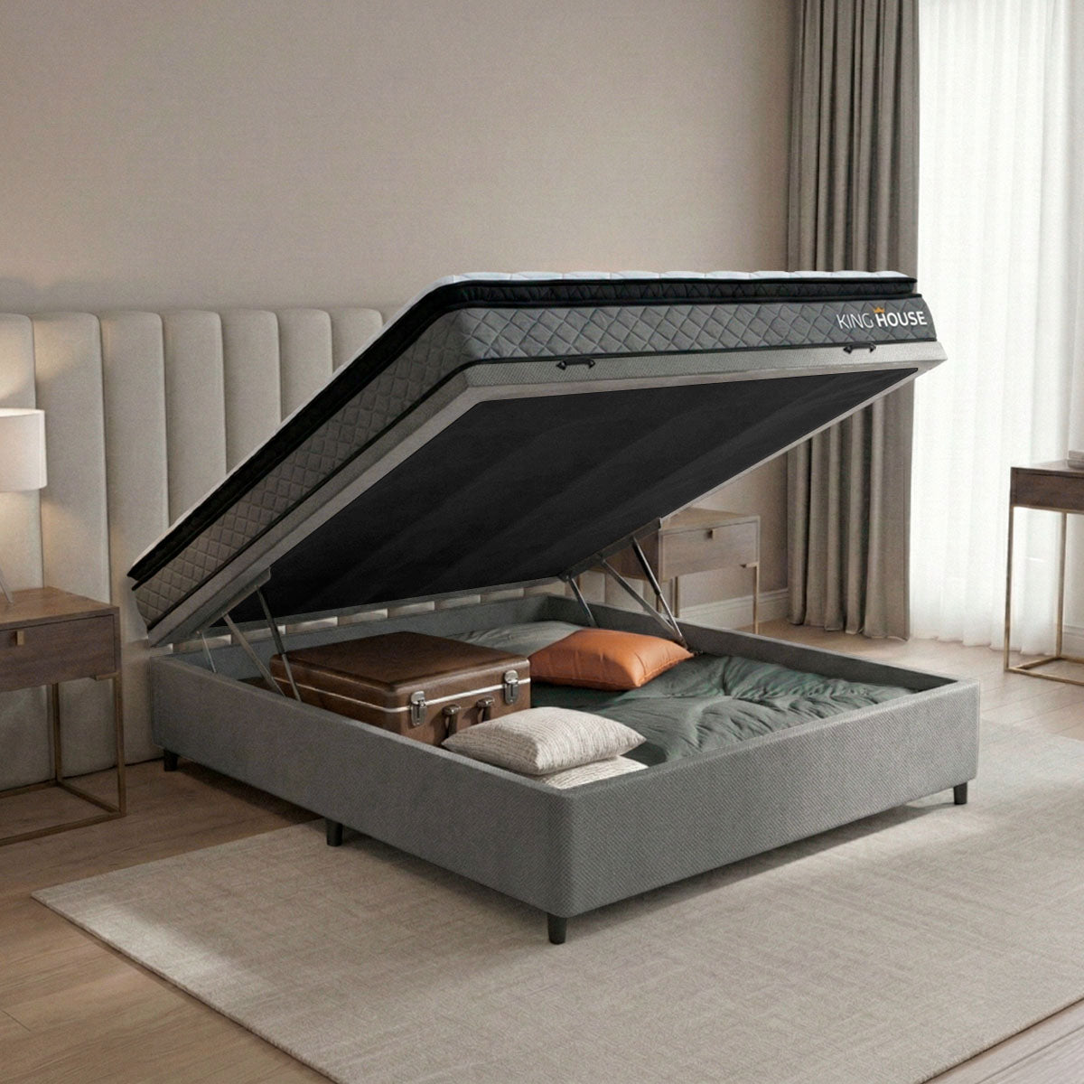Cama Box Baú Chicago Casal 138x188 Cinza Espuma D33