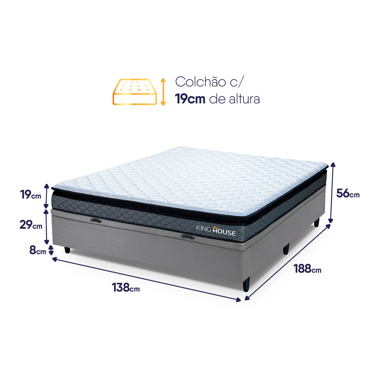 Cama Box Baú Chicago Casal 138x188 Cinza Espuma D33