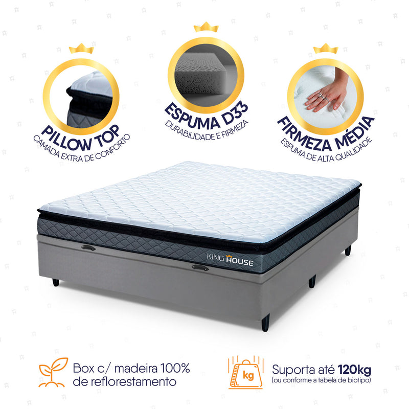 Cama Box Baú Chicago Casal 138x188 Cinza Espuma D33