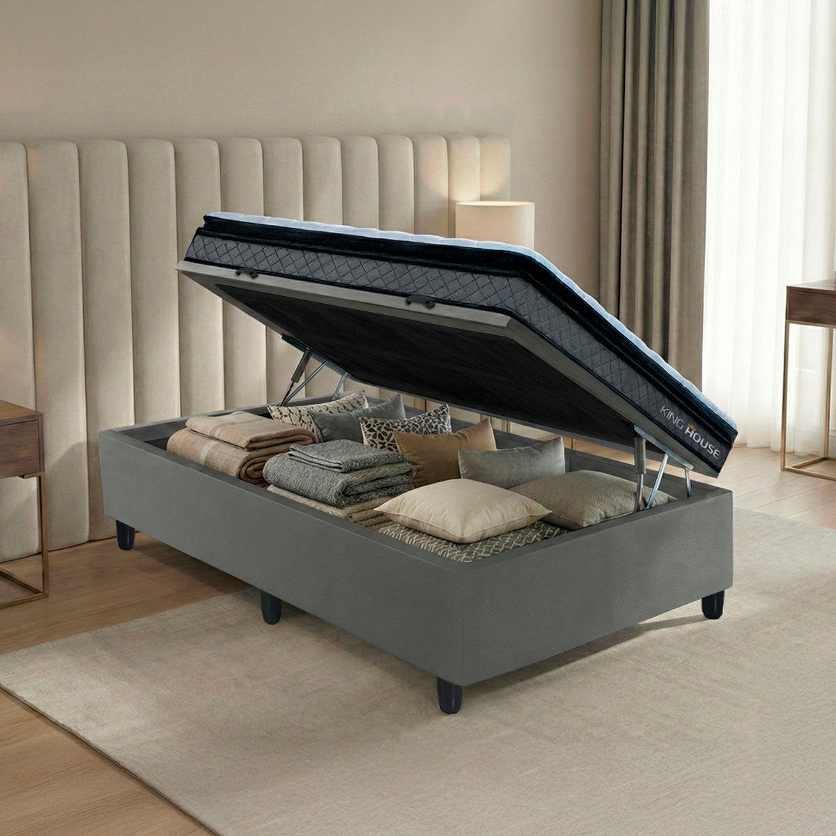 Cama Box Baú Chicago Solteirão 96x203 Cinza Espuma D33