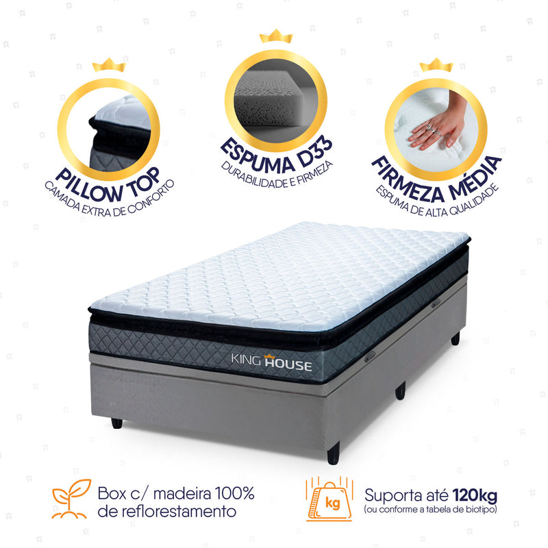 Cama Box Baú Chicago Solteirão 96x203 Cinza Espuma D33