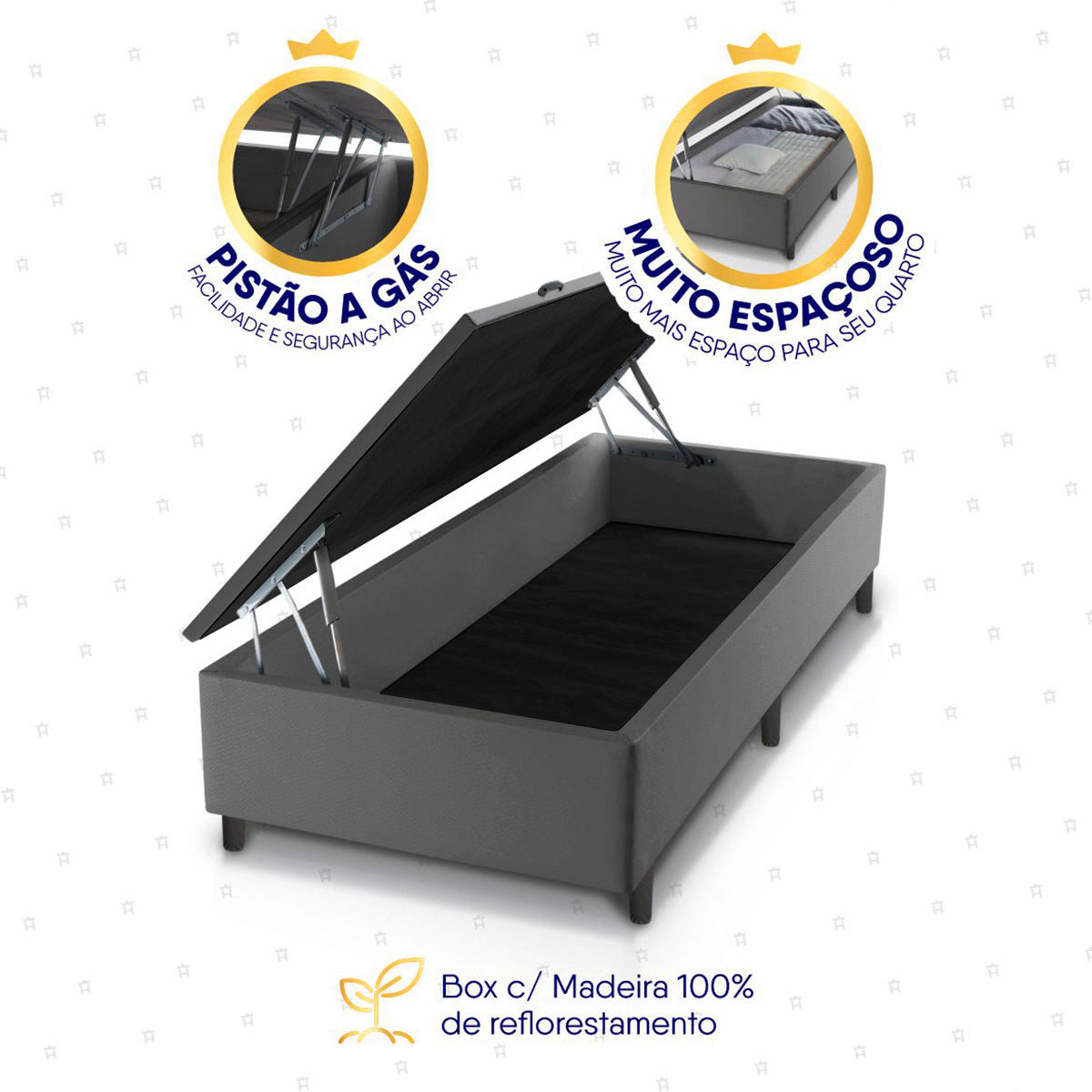 Cama Box Baú Chicago Solteirão 96x203 Cinza Espuma D33