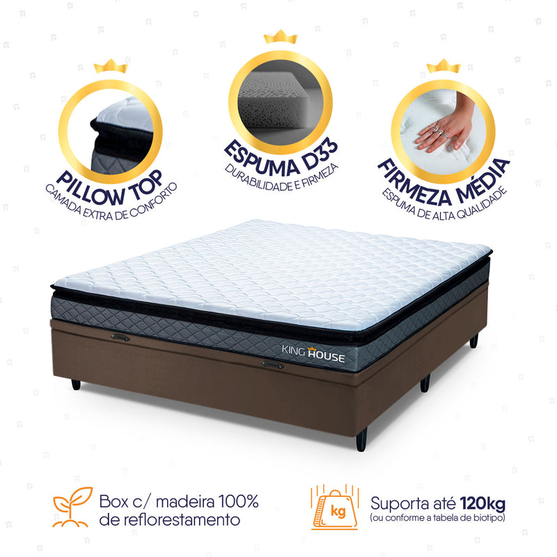Cama Box Baú Chicago Casal 138x188 Cinza e Marrom Espuma D33