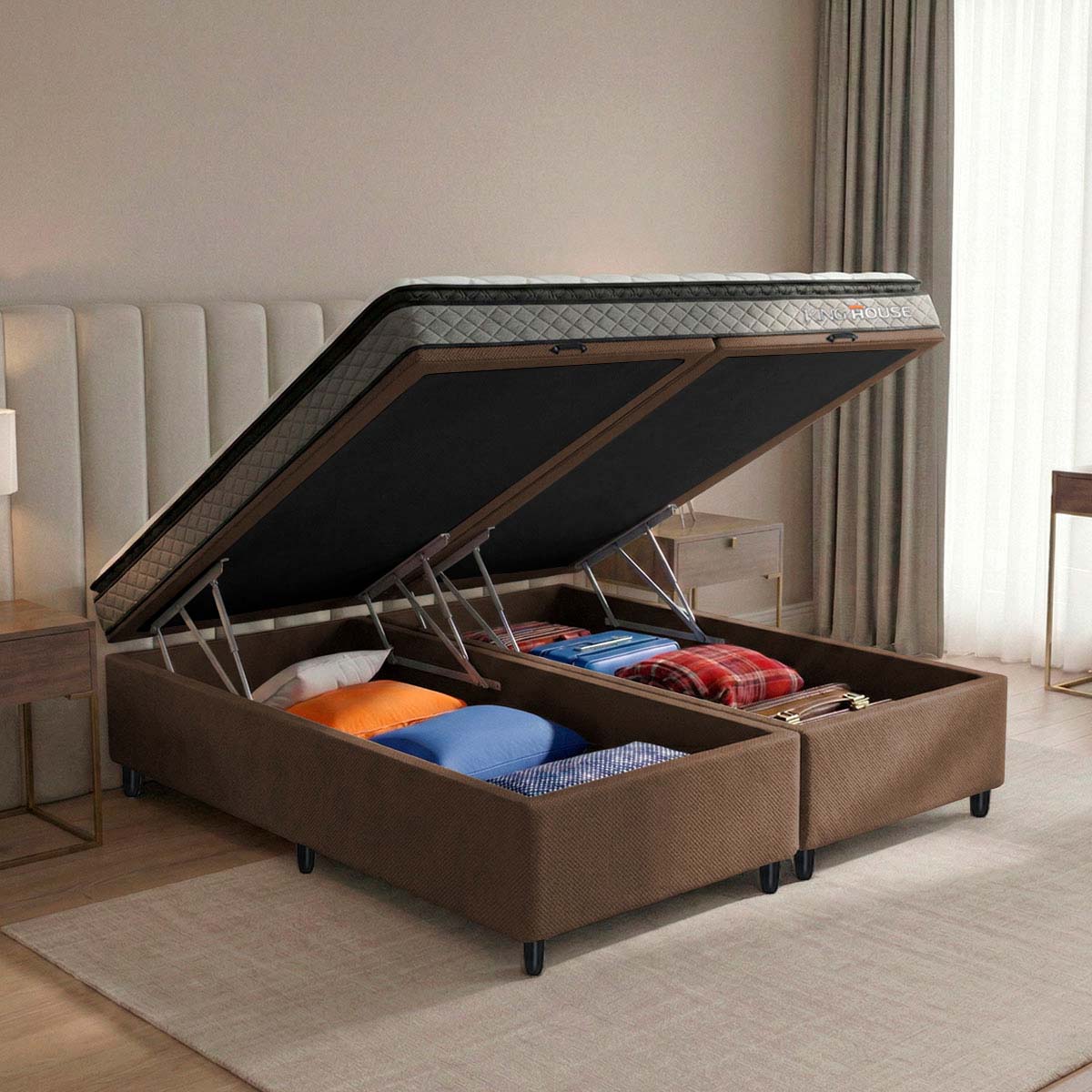 Cama Box Baú Chicago Espuma D33 158x198 Cinza e Marrom
