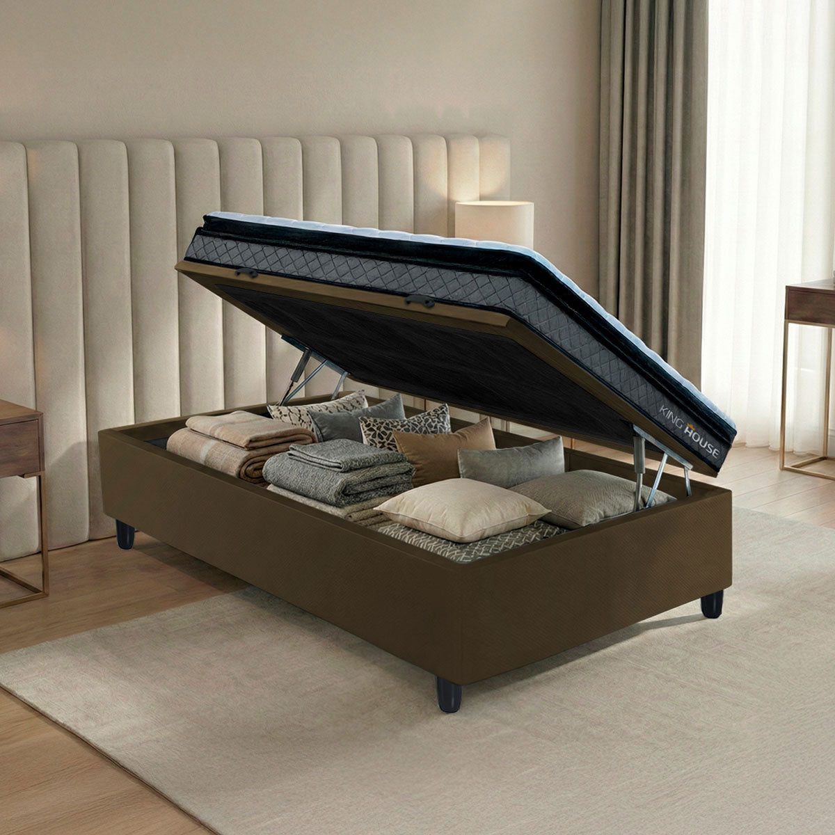 Cama Box Baú Chicago 88x188 Cinza e Marrom Espuma D33