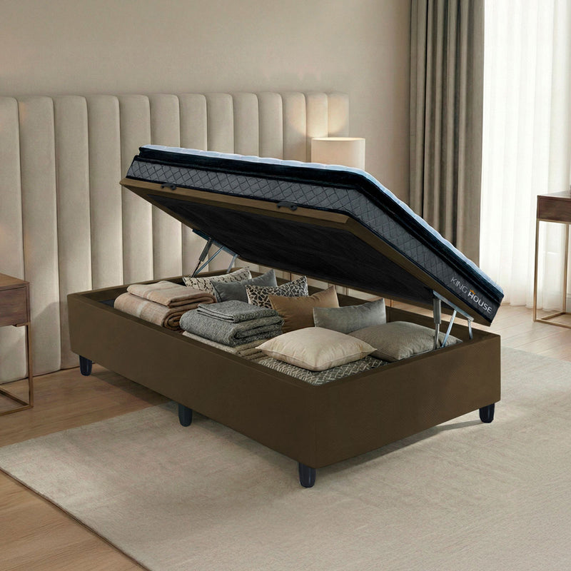 Cama Box Baú Chicago 96x203 Cinza e Marrom Espuma D33