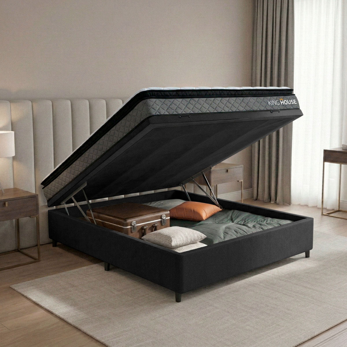 Cama Box Baú Chicago 138x188 Cinza e Preto