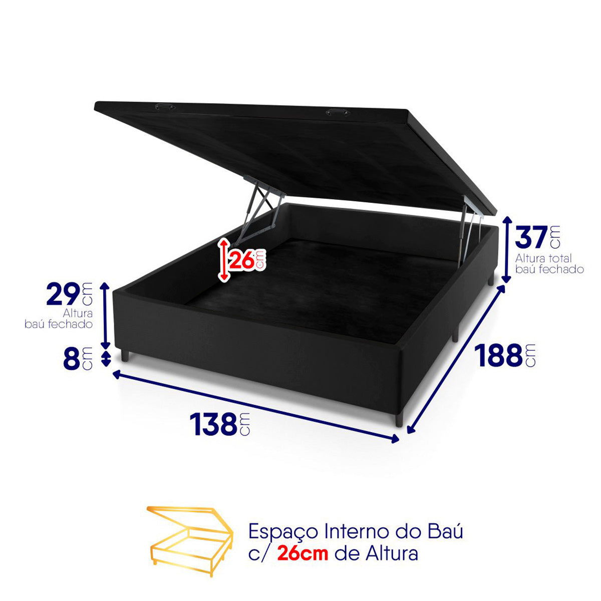 Cama Box Baú Chicago 138x188 Cinza e Preto