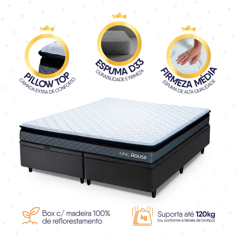 Cama Box Baú Chicago 158x198 Cinza e Preto