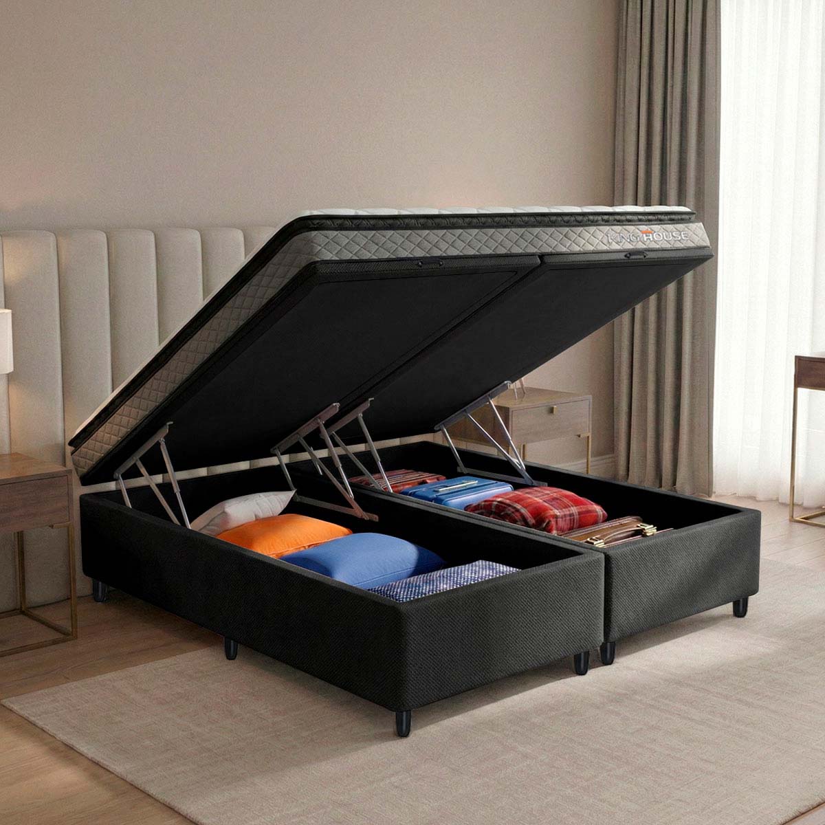 Cama Box Baú Chicago 193x203 Cinza e Preto