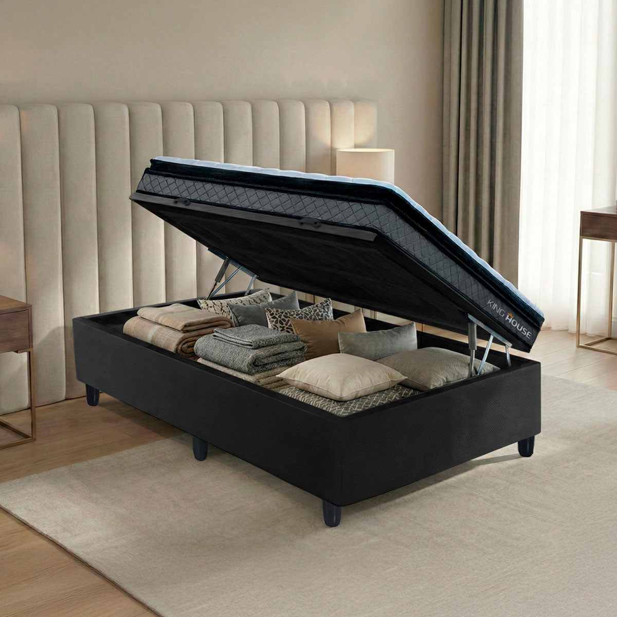 Cama Box Baú Chicago 96x203 Cinza e Preto Espuma D33