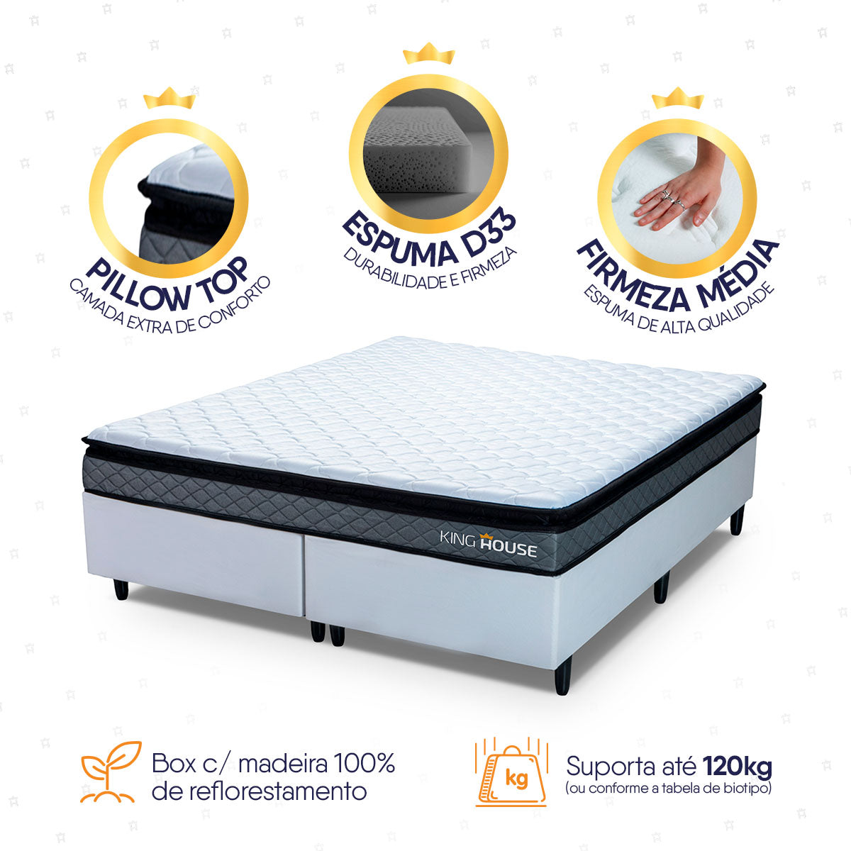 Cama Box Chicago Espuma King 193x203 Cinza e Branco Espuma D33