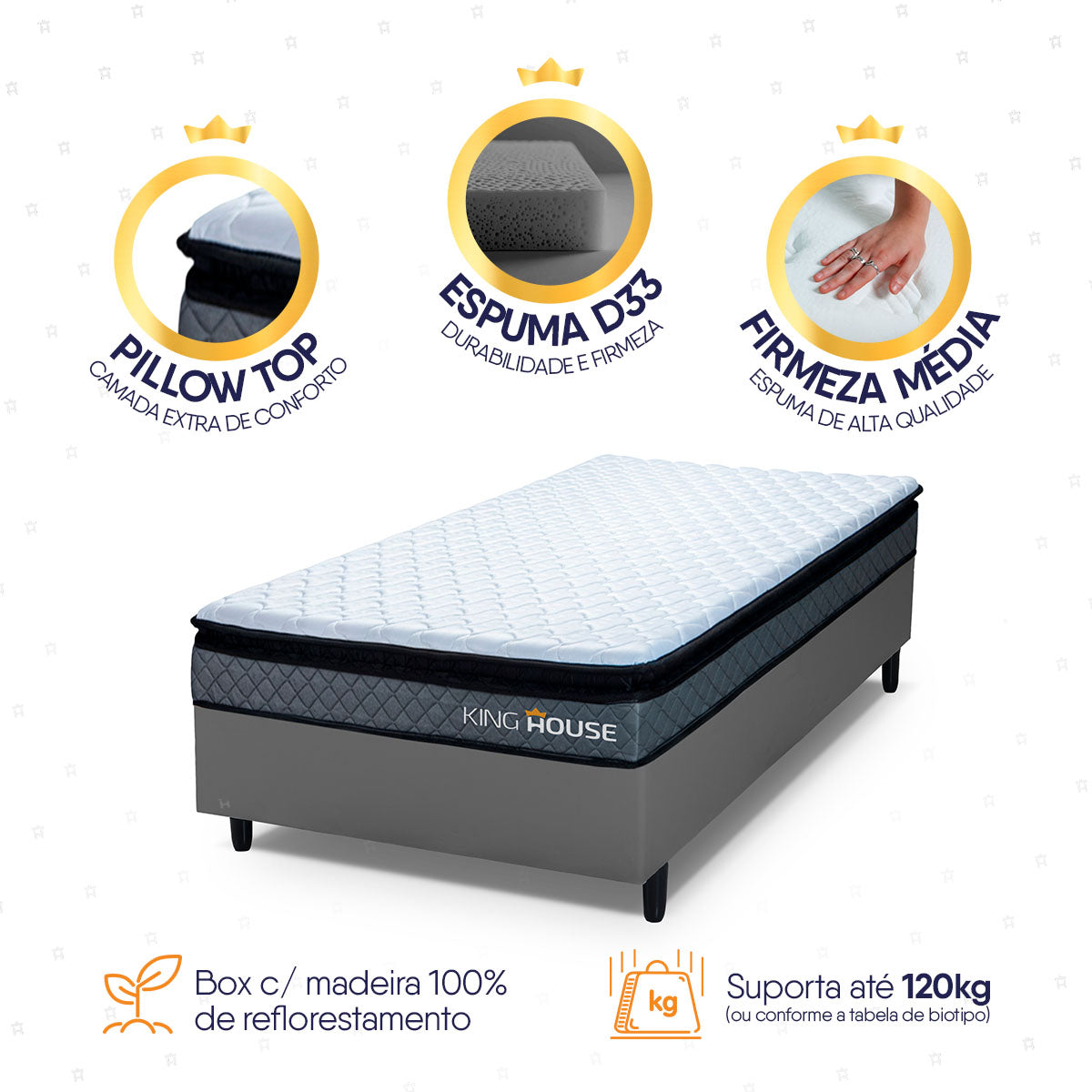 Cama Box Espuma Chicago Solteiro 88x188 Cinza Espuma D33