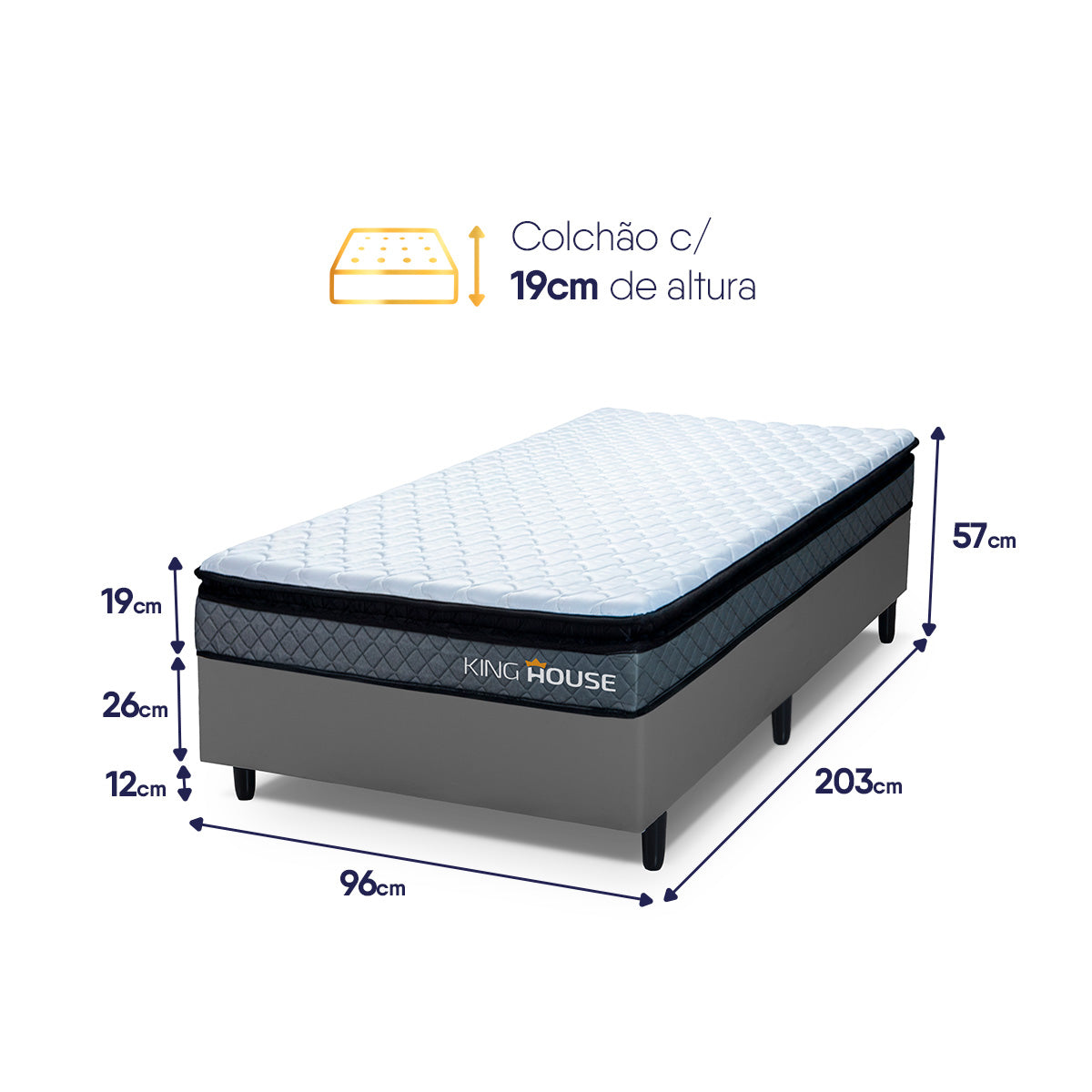 Cama Box Espuma Chicago Solteirão 96x203 Cinza Espuma D33