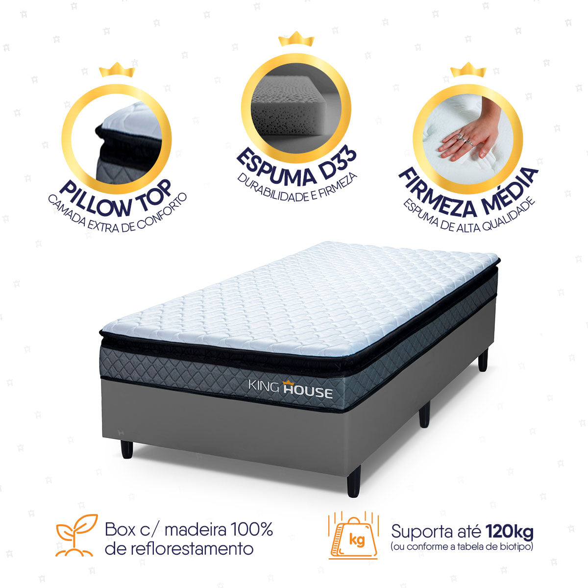 Cama Box Espuma Chicago Solteirão 96x203 Cinza Espuma D33