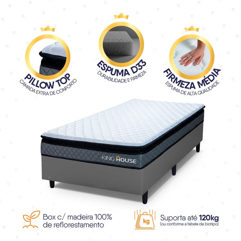 Cama Box Espuma Chicago Solteirão 96x203 Cinza Espuma D33