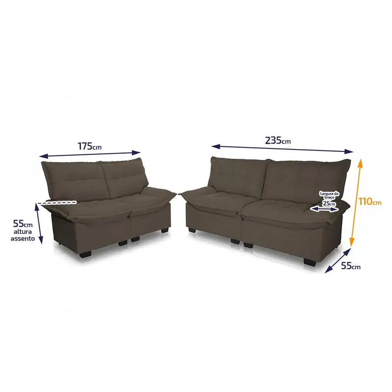 Conjunto Sofá Coliseu 3 e 2 Lugares Bouclê Cafe