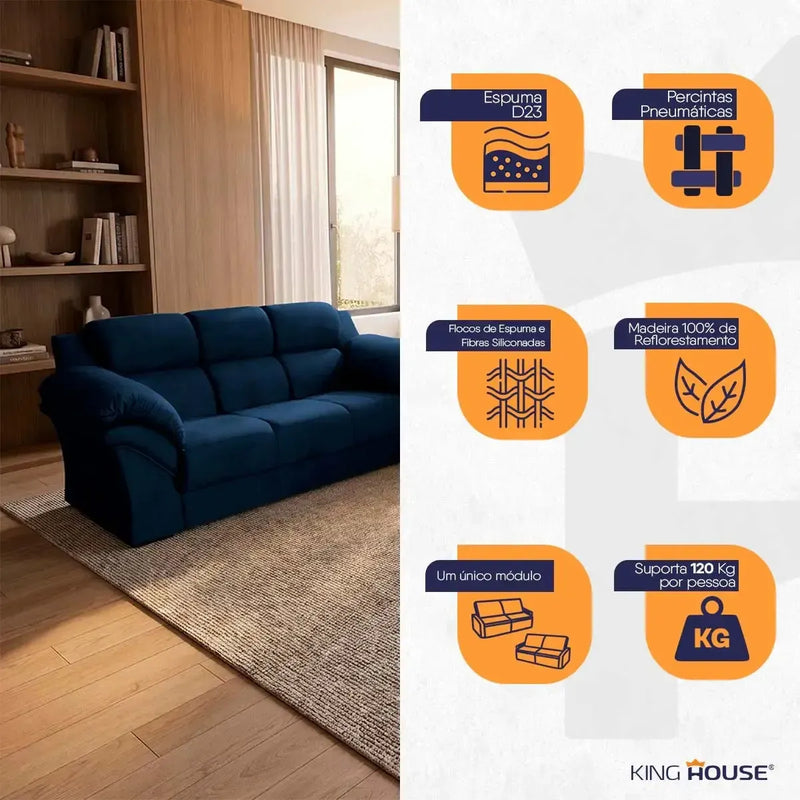 Conjunto Sofá Windsor Velut Azul 3 e 2 Lugares 2,04m e 1,59m