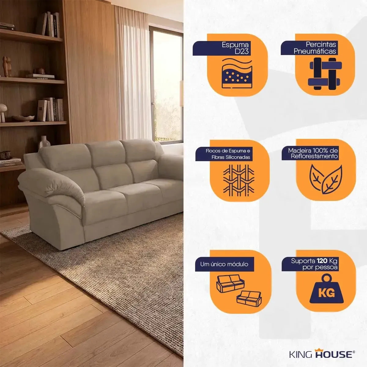 Conjunto Sofá Windsor Velut Bege 3 e 2 Lugares 2,04m e 1,59m
