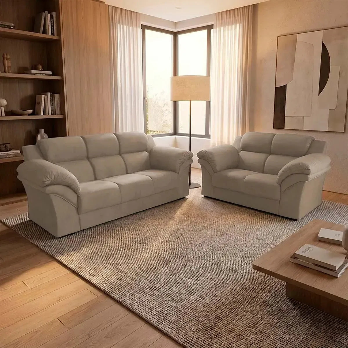 Conjunto Sofá Windsor Velut Bege 3 e 2 Lugares 2,04m e 1,59m