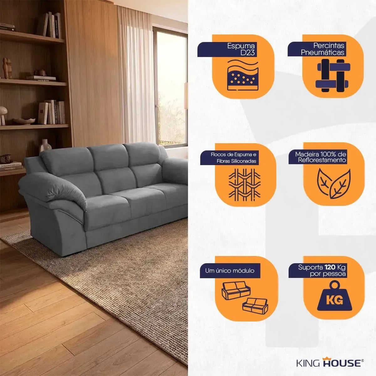 Conjunto Sofá Windsor Velut Cinza 3 e 2 Lugares 2,04m e 1,59m