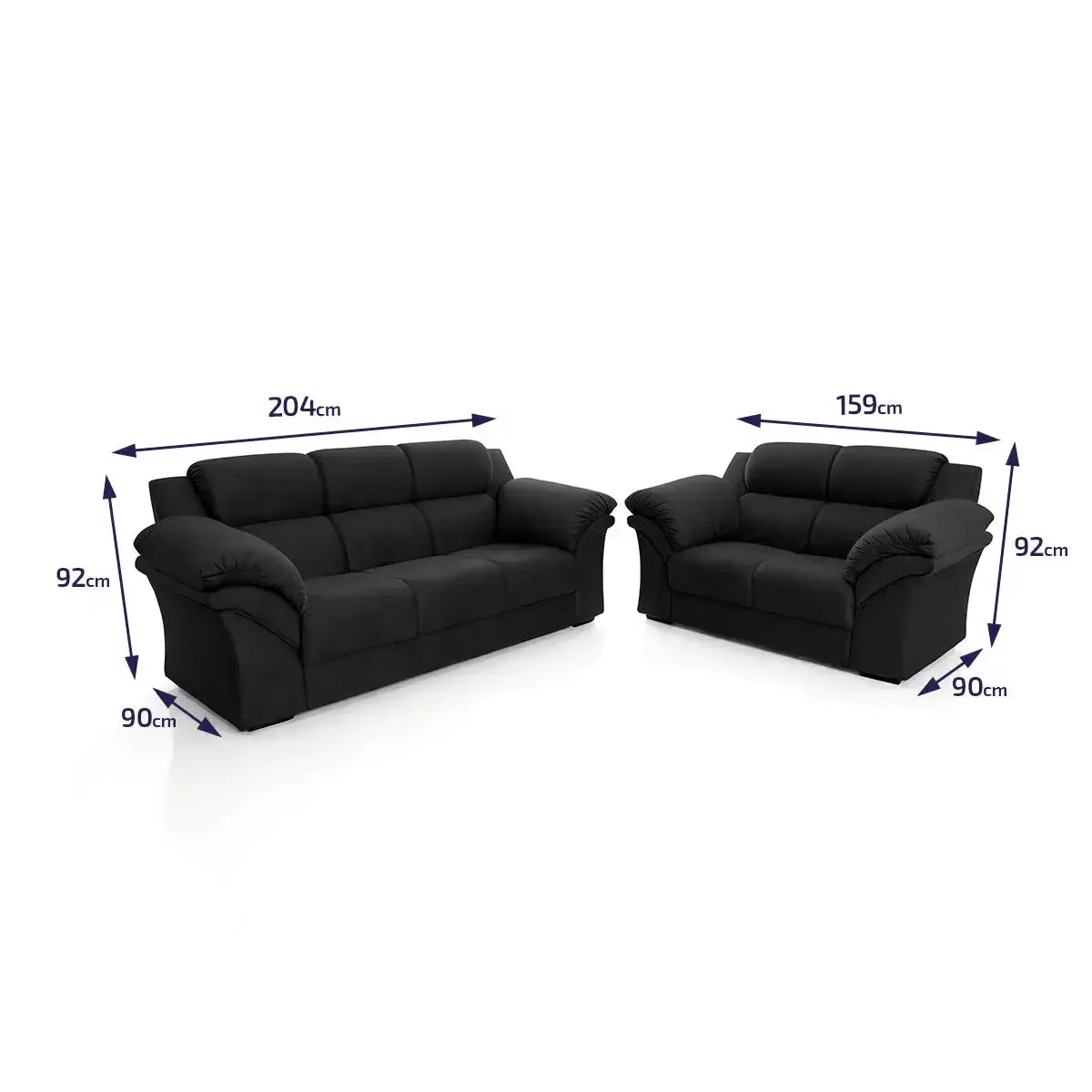 Conjunto Sofá Windsor Velut Preto 3 e 2 Lugares 2,04m e 1,59m