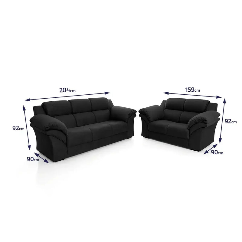 Conjunto Sofá Windsor Velut Preto 3 e 2 Lugares 2,04m e 1,59m