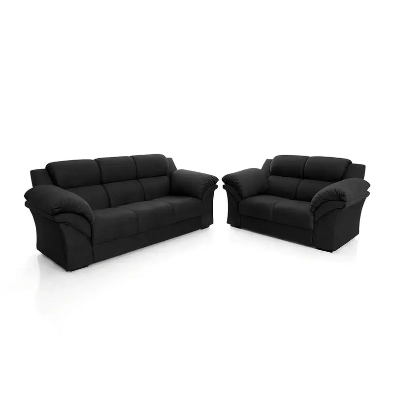Conjunto Sofá Windsor c/ Braço Almofadado Suede Velut Preto 3 e 2 Lugares