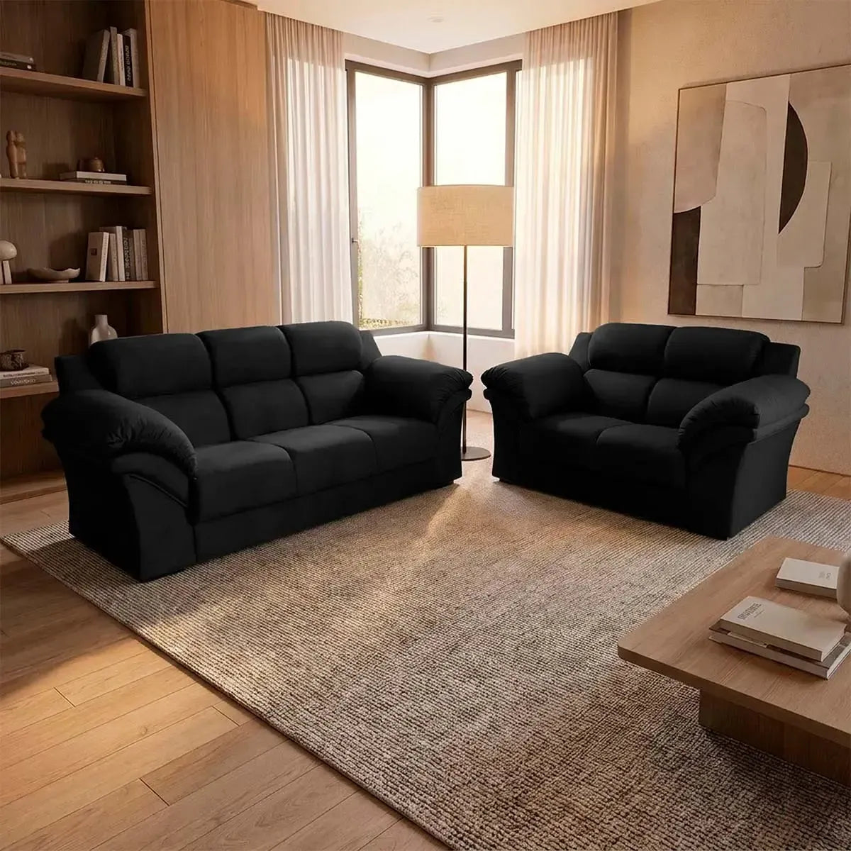 Conjunto Sofá Windsor Velut Preto 3 e 2 Lugares 2,04m e 1,59m