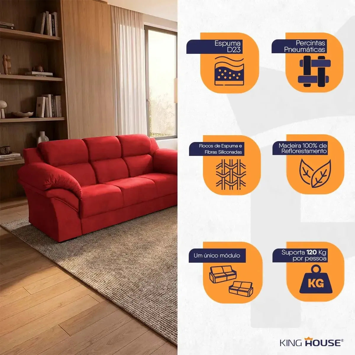 Conjunto Sofá Windsor Velut Vermelho 3 e 2 Lugares 2,04m e 1,59m