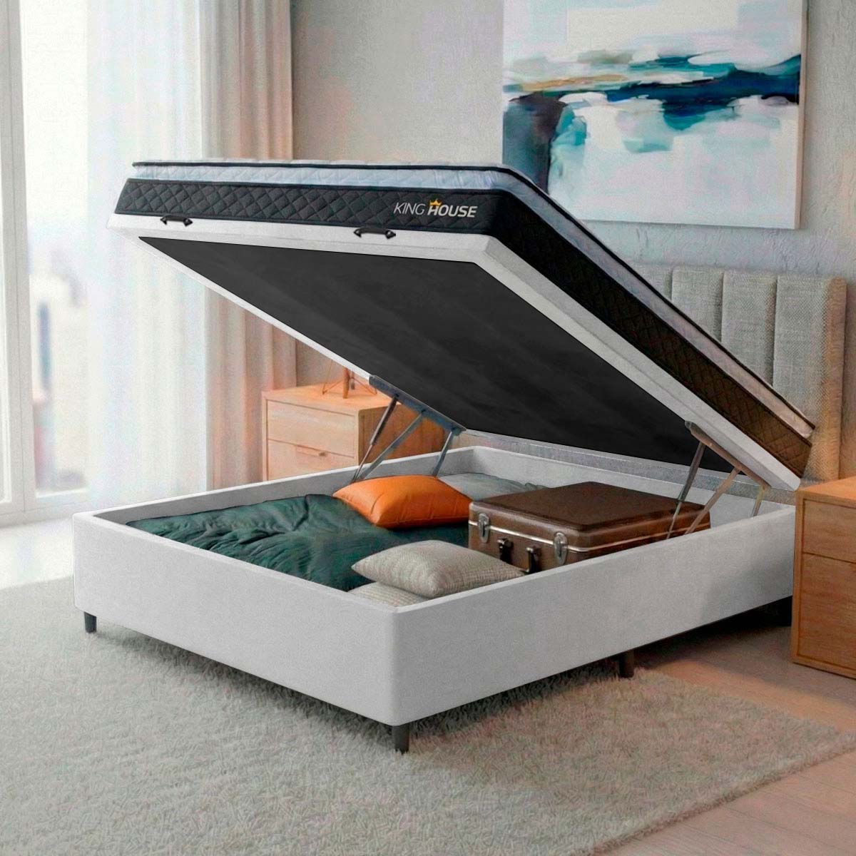 Cama Box Baú Casal 138x188 Preto e Branco Dakota Espuma D33