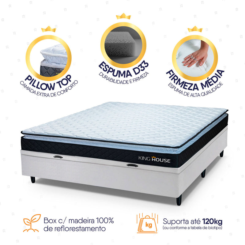 Cama Box Baú Casal 138x188 Preto e Branco Dakota Espuma D33