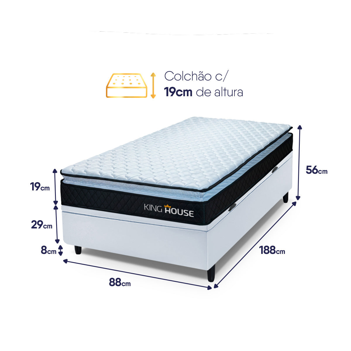 Cama Box Baú Solteiro 88x188 Preto e Branco Dakota Espuma D33