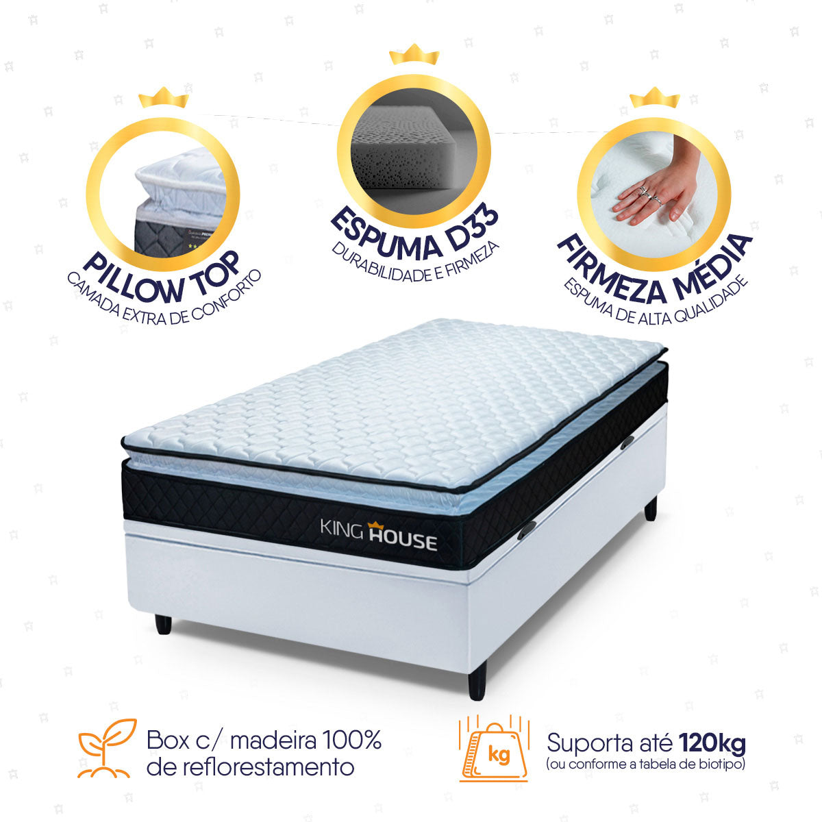 Cama Box Baú Solteiro 88x188 Preto e Branco Dakota Espuma D33