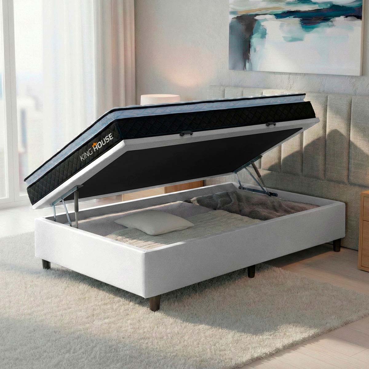 Cama Box Baú Solteirão 96x203 Preto e Branco Dakota Espuma D33