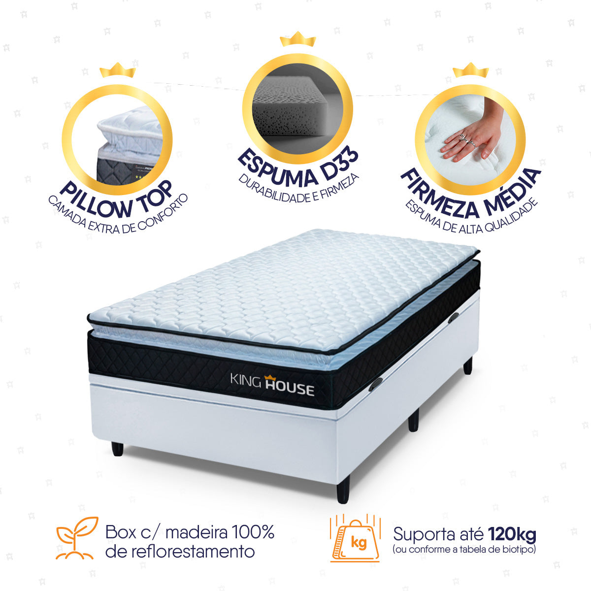 Cama Box Baú Solteirão 96x203 Preto e Branco Dakota Espuma D33