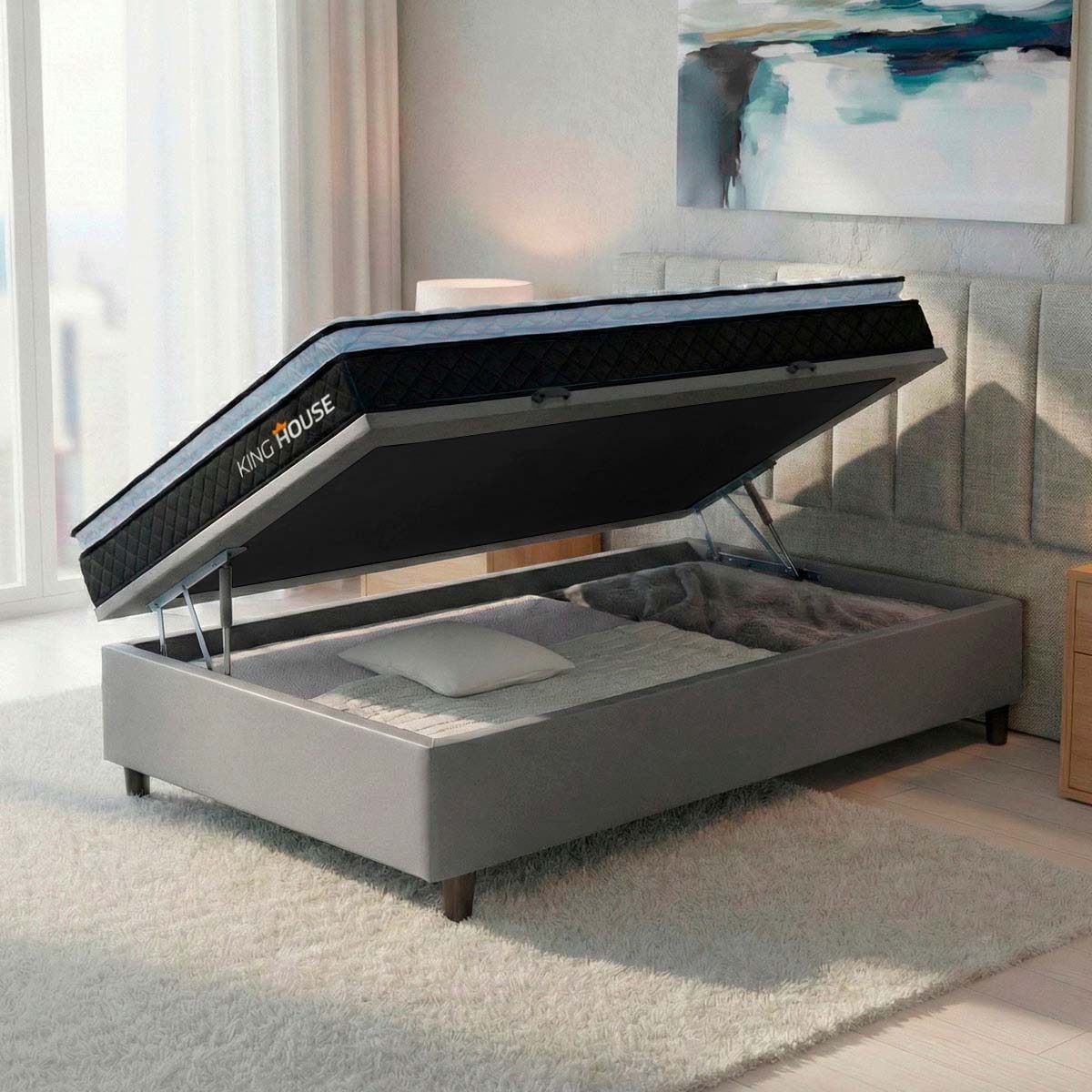 Cama Box Baú Solteiro 88x188 Preto e Cinza Dakota Espuma D33