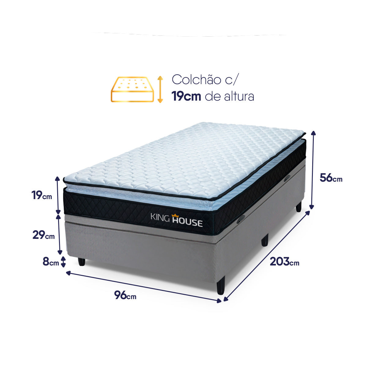 Cama Box Baú Solteirão 96x203 Preto e Cinza Dakota Espuma D33