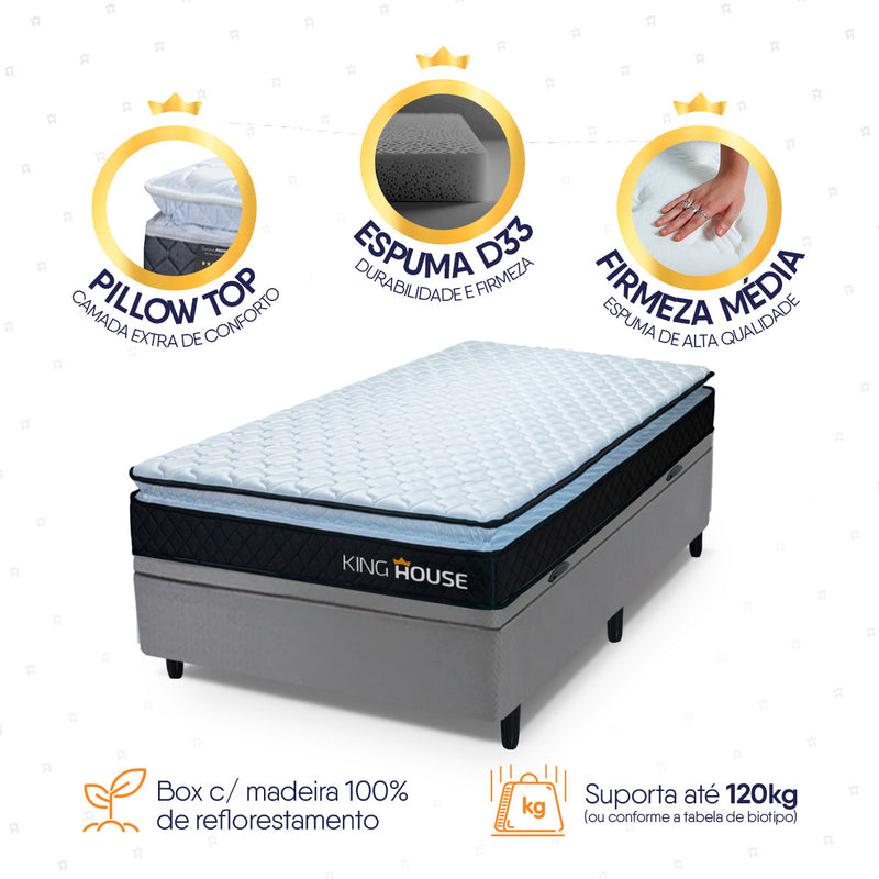 Cama Box Baú Solteirão 96x203 Preto e Cinza Dakota Espuma D33