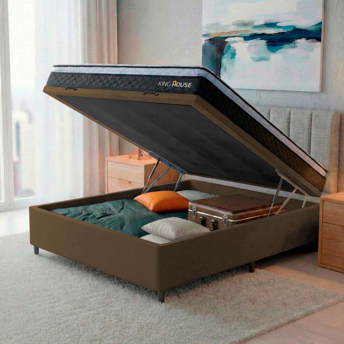 Cama Box Baú Casal 138x188 Preto e Marrom Dakota Espuma D33